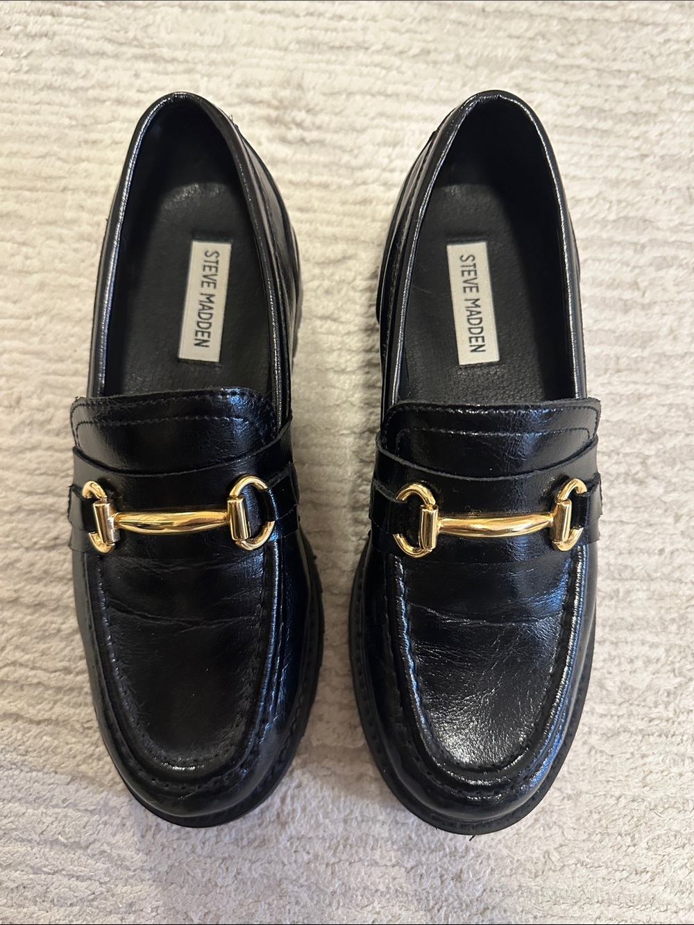Steve Madden Black Loafers with Gold Chain Accent